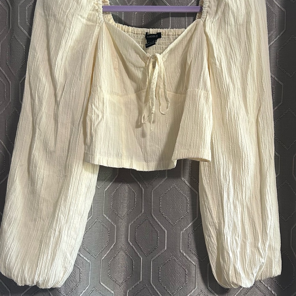 Forever 21 Cream Long Sleeve Crop Blouse